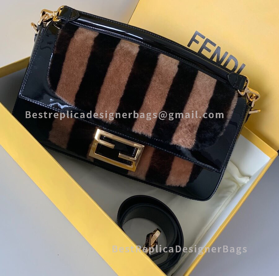 Fendi Baguette Large Black Patent Leather And Sheepskin Bag GHW 0129L
